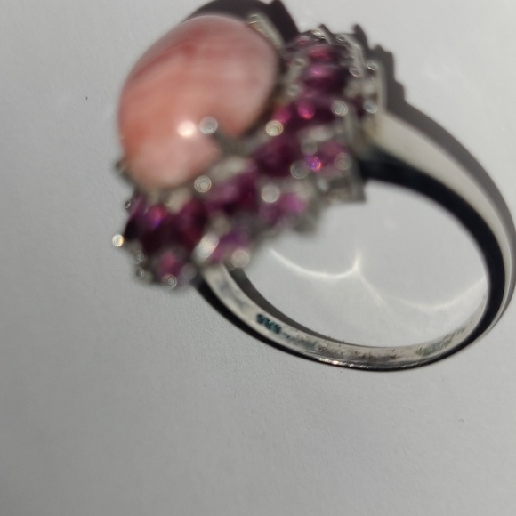 RING 5ct Pink Banded Rhodochrosite Double Amethyst Halo Sterling Silver - Picture 10 of 10